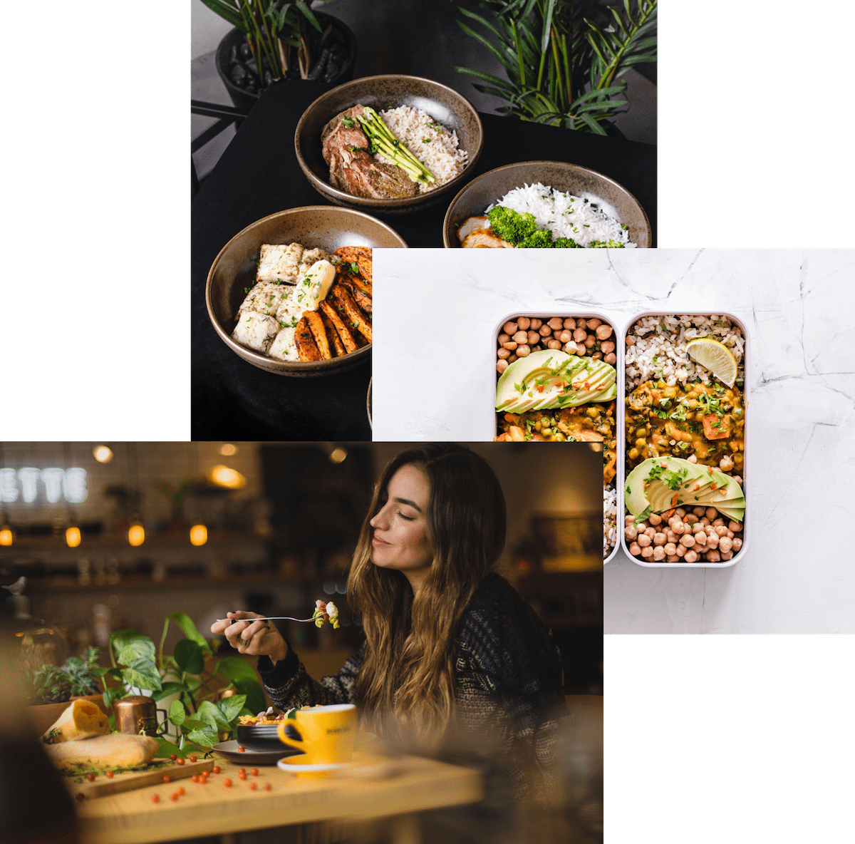 Woman enjoying food, meals in storage containers, and food bowls on a table.